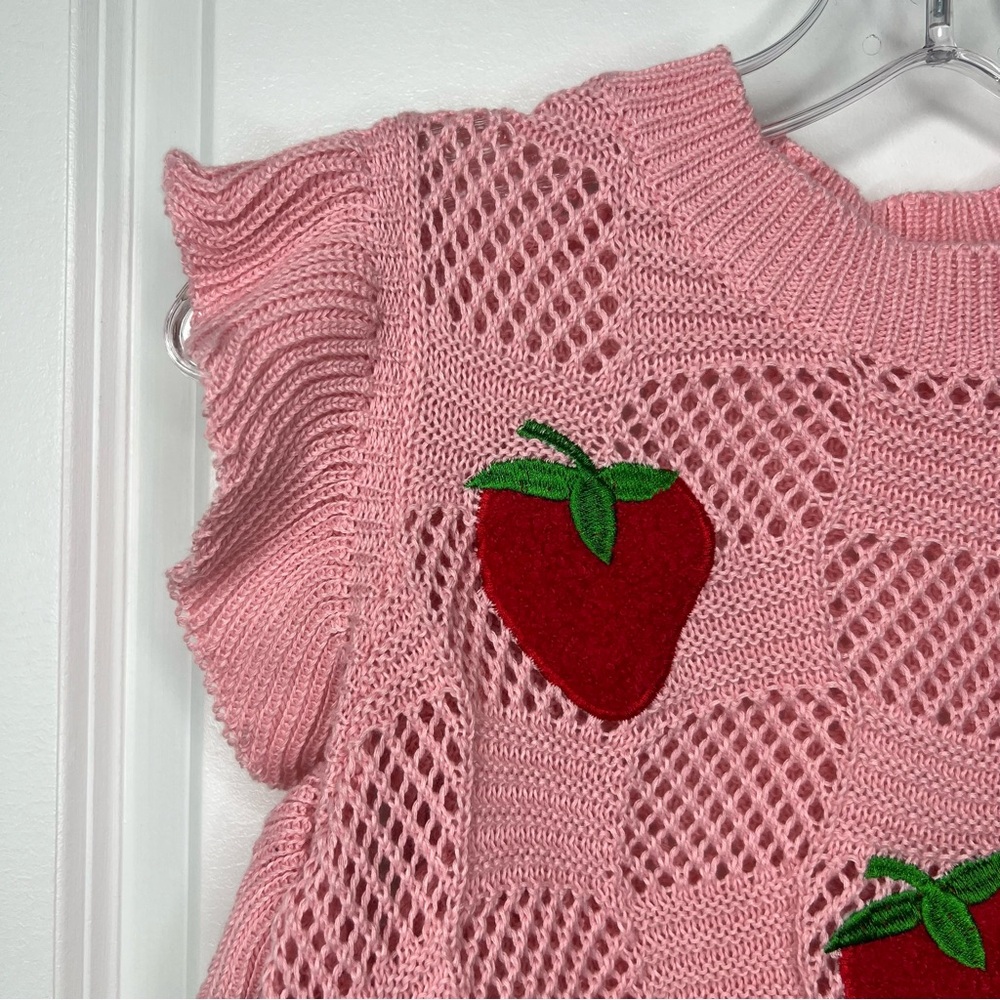 Pink Knit Sweater with Red Strawberry Design Sz Small Flutter Sleeve Soft Cozy - Picture 3 of 10